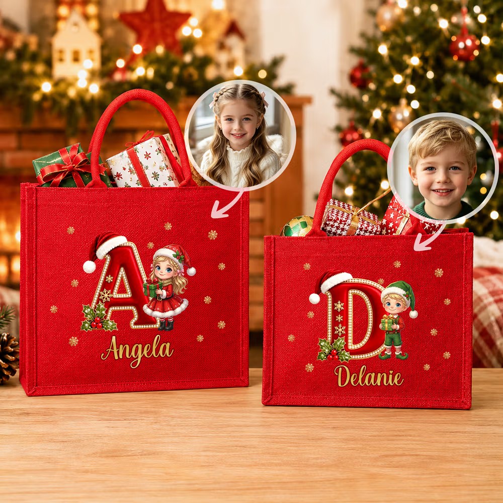 Personalized Christmas Cartoon Character Photo Initial Large Jute Tote Bag with Name Christmas Party Gift for Kid Family Friend