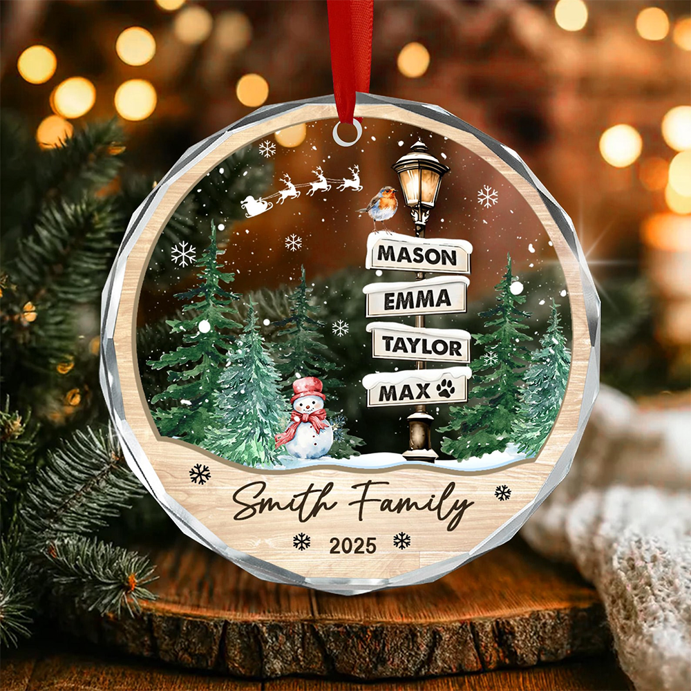 Christmas Ornament - Family Names Christmas Ornament, Personalized Family With Pets Ornaments - Personalized Round Glass Ornament