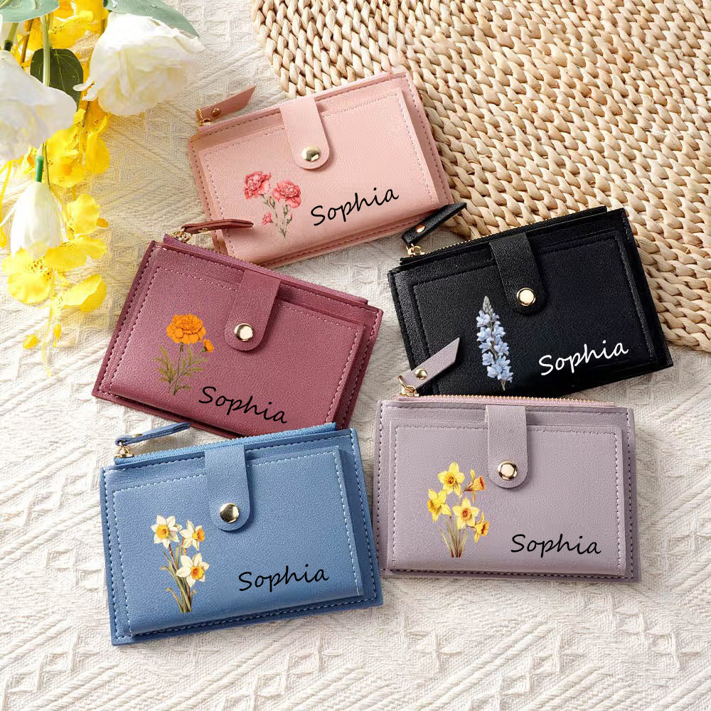 Moment Personalized Birth Flower PU Leather Portable Wallet with Name and Card Holder Wedding Birthday Anniversary Gift for Women Girls