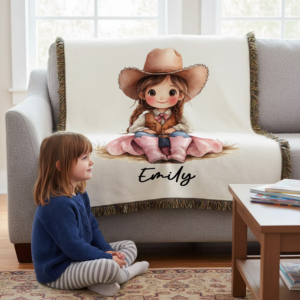Personalized Cartoon Cowboy Cowgirl Tassel Soft Throw Blanket with Name Home Decor Birthday Gift for Kids Cerowboy Lovs