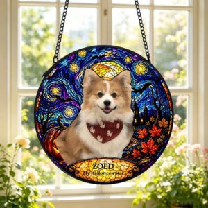 Personalized Stained Glass Style Van Gogh Art Pet Photo Window Hanging Suncatcher with Name Memorial Halloween Gift for Pet Owners