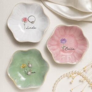 Personalized Imitation Crystal Style Birth Flower Ceramic Trinket Jewelry Dish with Name Mother's Day Birthday Gift for Her