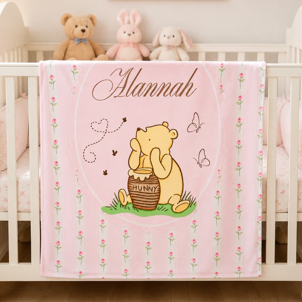 Personalized Honey Classic Winnie the Pooh Soft Throw Blanket with Name Home Decor Birthday Gift for Newborns Kids