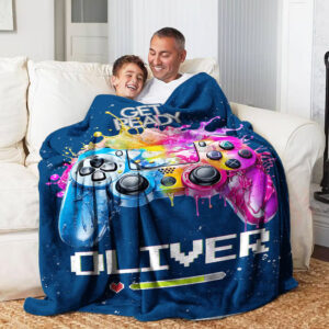 Personalized Color Ink Get Ready Gamepad Soft Throw Blanket with Name Christmas Birthday Gift for Kids Game Lover