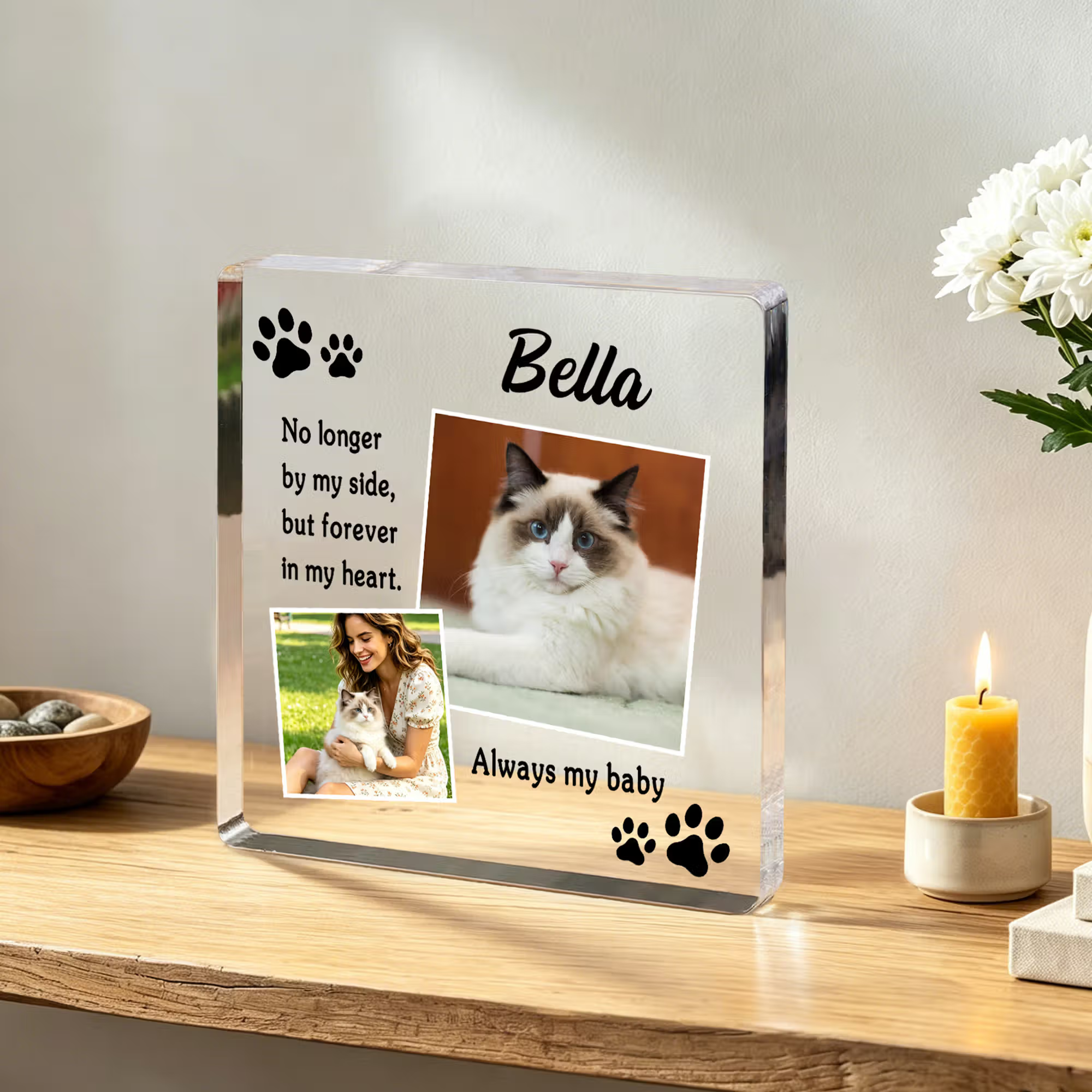 Personalized 2 Photos Collage Paw Print Square Acrylic Plaque with Name Home Decor Pet Memorial Gift for Pet Owner Mom Dad