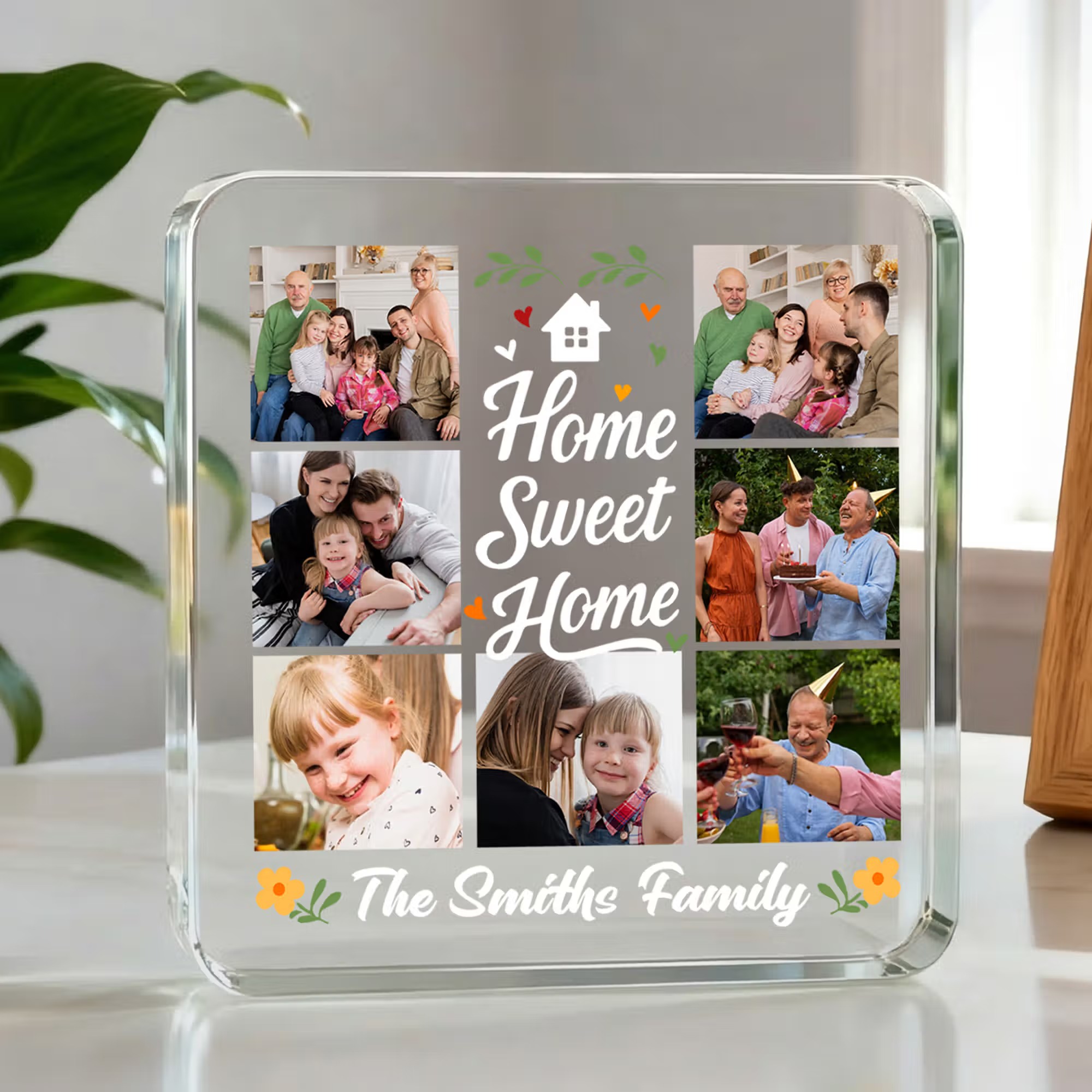Personalized Home Sweet Home Seven-Grid Photos Square Acrylic Plaque Desk Decor Birthday Anniversary Christmas Gift for Family