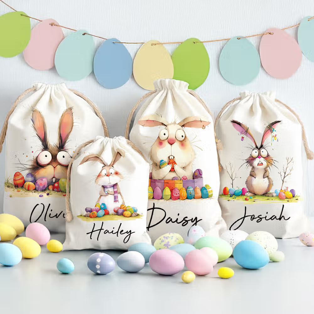 Personalized Easter Bunny Drawstring Gift Bag, Custom Name Canvas Candy Pouch, Kids Easter Egg Hunt Party Favor