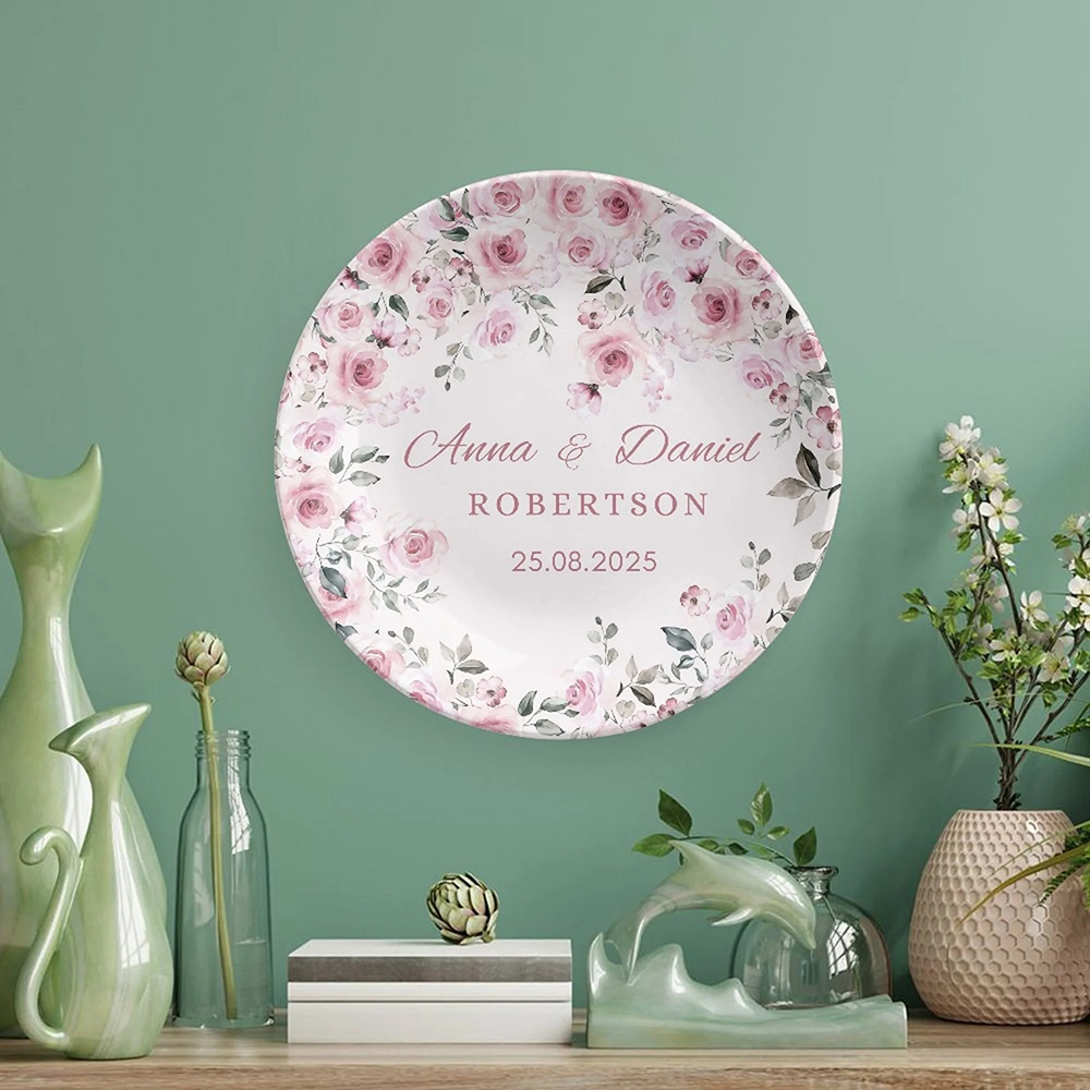 Personalized Rose Wedding Plate Mr & Mrs Pink Floral Ceramic Dinner Plate