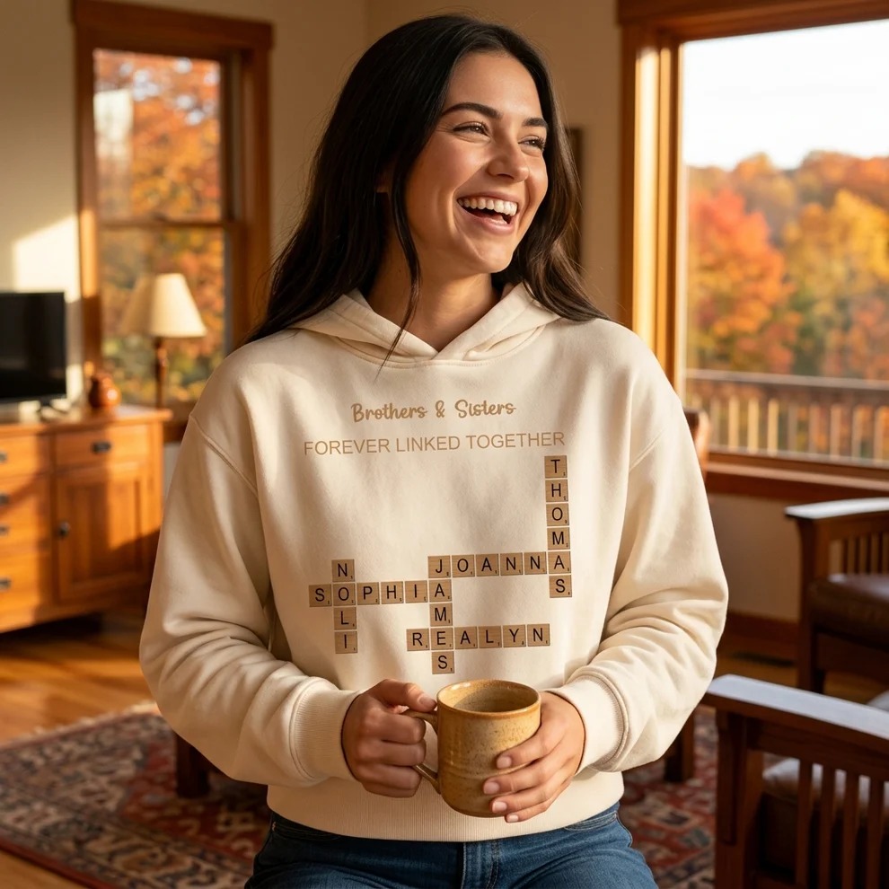 Custom Unisex Cropped Heavyweight Crossword Art Hoodie – Forever Linked Together | Personalized Name Pullover-Perfect for Siblings, Family & Any Unique Connection
