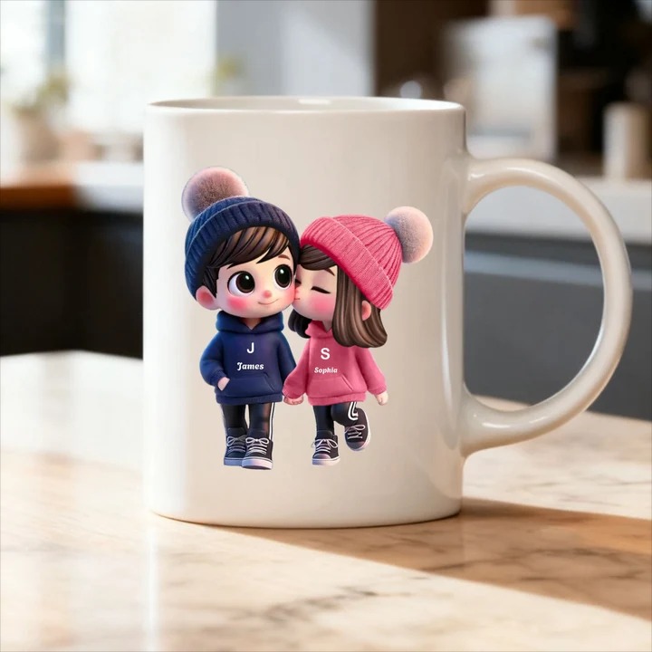 Customizable Cute Couple Kissing Personalized Mug with Custom Name Gift for Couples, Boyfriend & Girlfriend