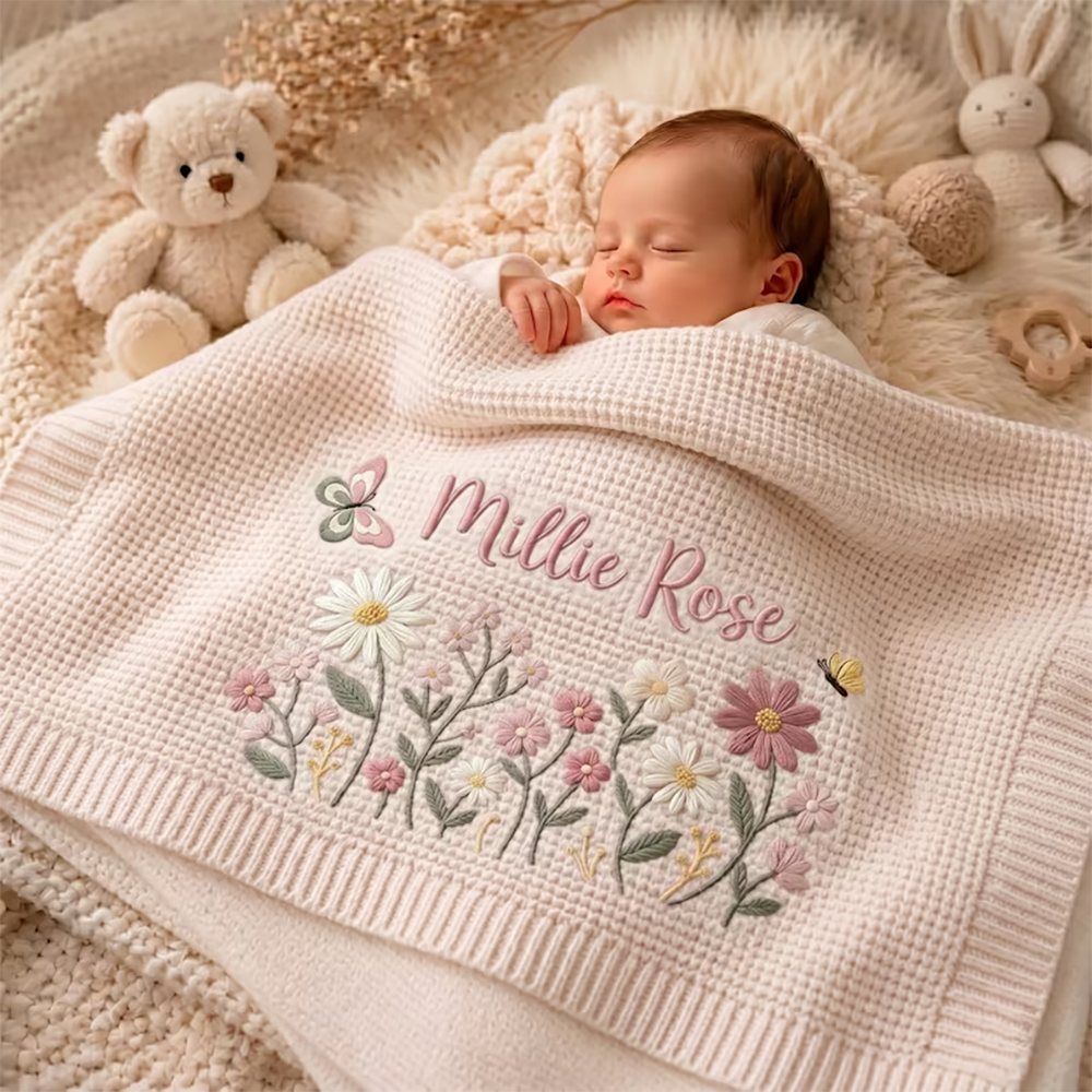 Personalized Floral Embroidered Baby Blanket - Custom Name Knitted Throw, Welcome Baby Blanket, Nursery Keepsake, Keepsake Newborn