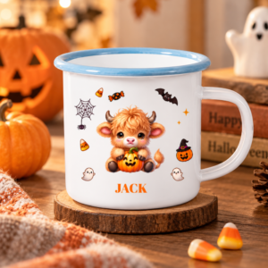 Personalized Halloween Highland Cow Enamel Mug – Custom Name Cute Cow & Pumpkin Campfire Cup, Halloween Gift for Kids and Cow Lovers