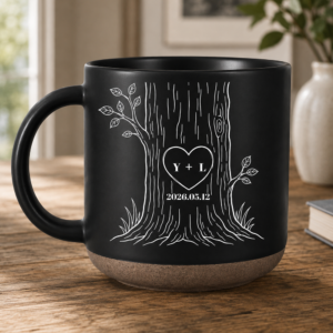 Carved Initials In A Heart Tree Couple - Personalized Pottery Mug