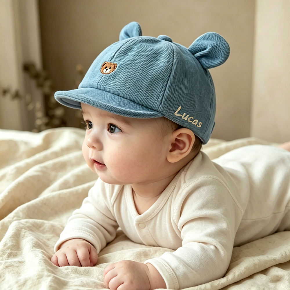 Personalized Cartoon Bear Baby Baseball Cap, Custom Name Cotton Peaked Cap, Soft Brim Toddler Sun Cap, Kawaii Infant Hat, Baby Shower Gift