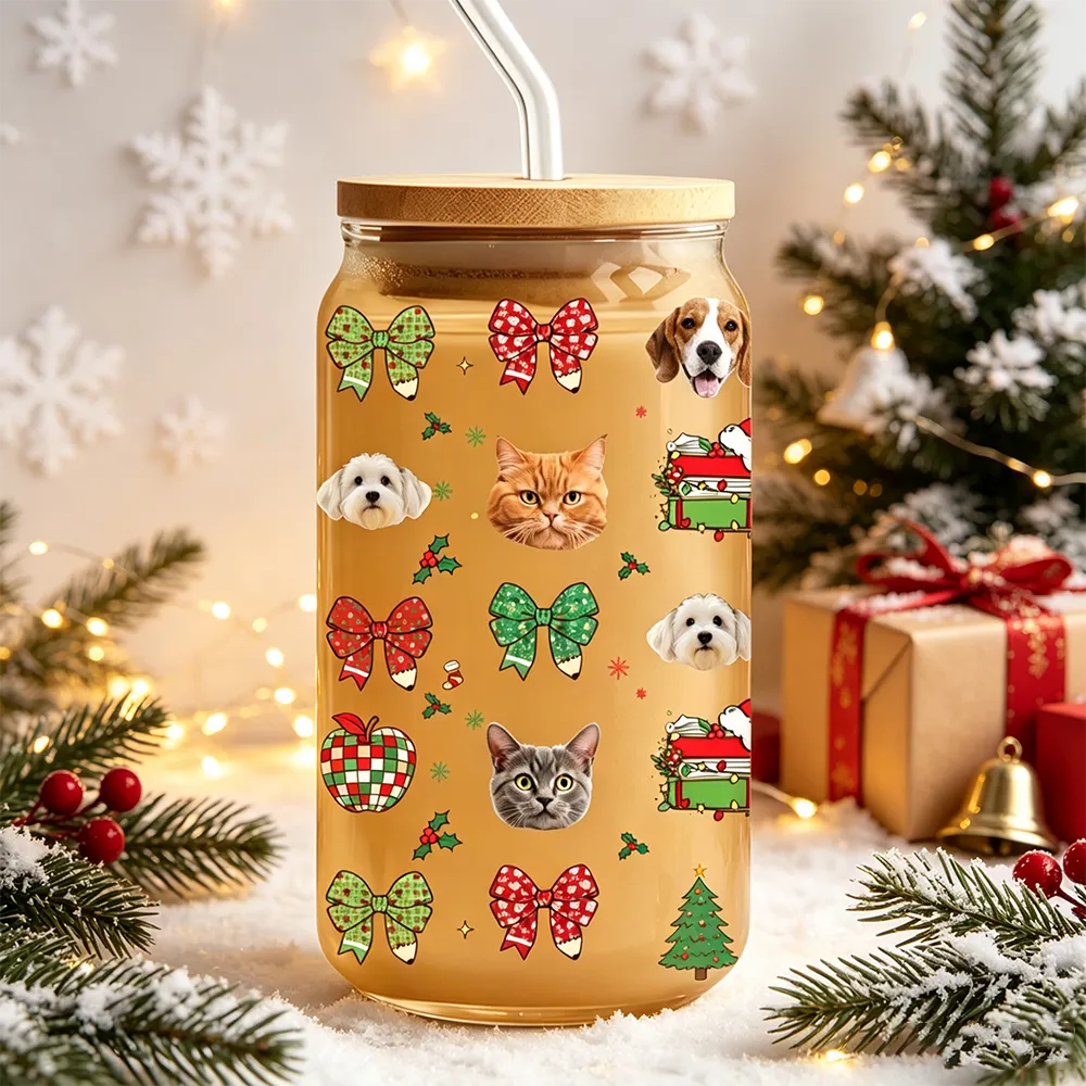Personalized Christmas Pet Faces Design, Custom Glass Tumbler Product, The Perfect Gift For Pet Lovers