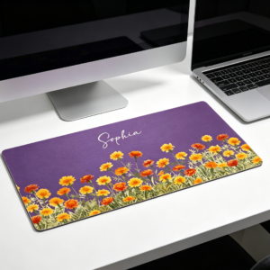 Custom Floral Leather Desk Mat for a Calm Workspace, Personalized Name Design, Thoughtful Unique Gift for Friend or Coworker