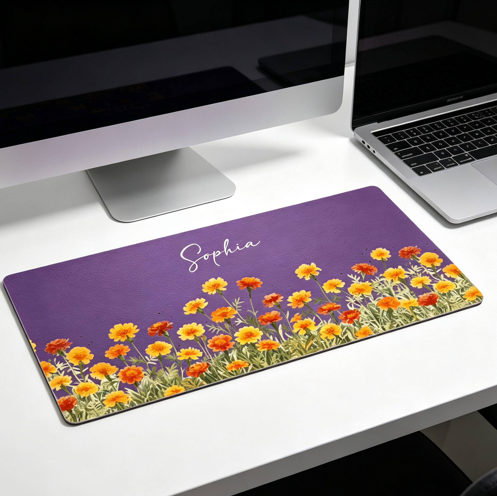 Custom Floral Leather Desk Mat for a Calm Workspace, Personalized Name Design, Thoughtful Unique Gift for Friend or Coworker