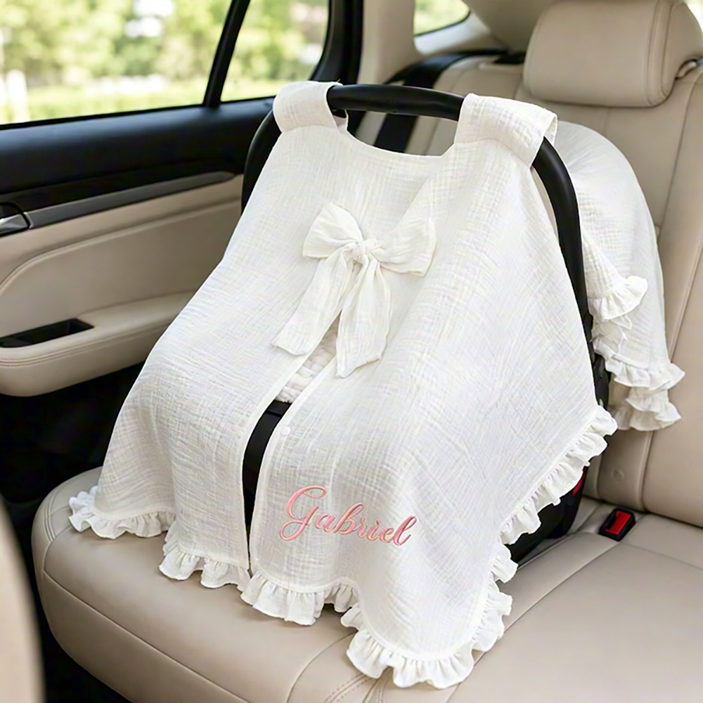 Custom Infant Baby Name Stroller Sun Shade Cover, Baby Car Seat Canopy Cover, Cotton Muslin Ruffle Baby Car Seat Canopy Cover, Baby Shower Gift