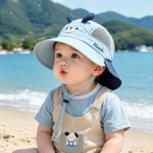 Custom Cute Animal Baby Sun Hat with Name | Detachable Neck Flap Toddler Bucket Hat | Embroidered Name | Baby Gift